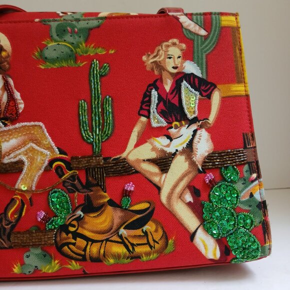 Retro 50's Red Rockabilly Pin Up Cowgirls with Beads & Sequins Shoulder Bag - Picture 4 of 13